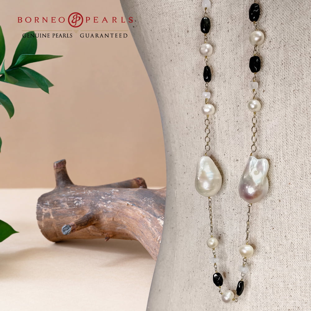 42' Inch Long Baroque & Potato Pearls ,Smoky Quartz & Moonstone  in 925 Silver Necklace