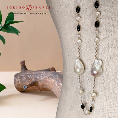 42' Inch Long Baroque & Potato Pearls ,Smoky Quartz & Moonstone  in 925 Silver Necklace