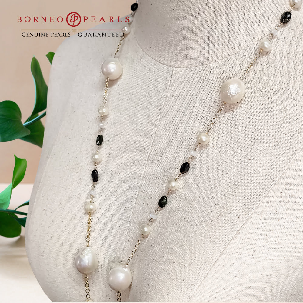 42' Inch Long Baroque & Potato Pearls ,Smoky Quartz & Moonstone  in 925 Silver Necklace