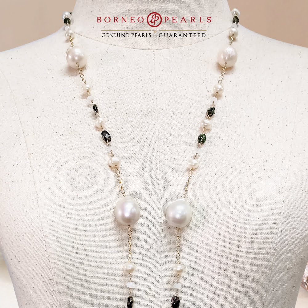 42' Inch Long Baroque & Potato Pearls ,Smoky Quartz & Moonstone  in 925 Silver Necklace