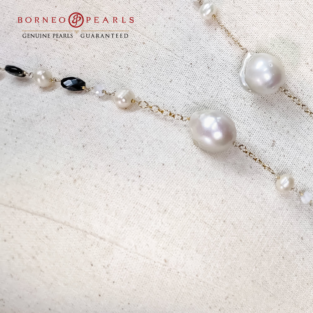 42' Inch Long Baroque & Potato Pearls ,Smoky Quartz & Moonstone  in 925 Silver Necklace