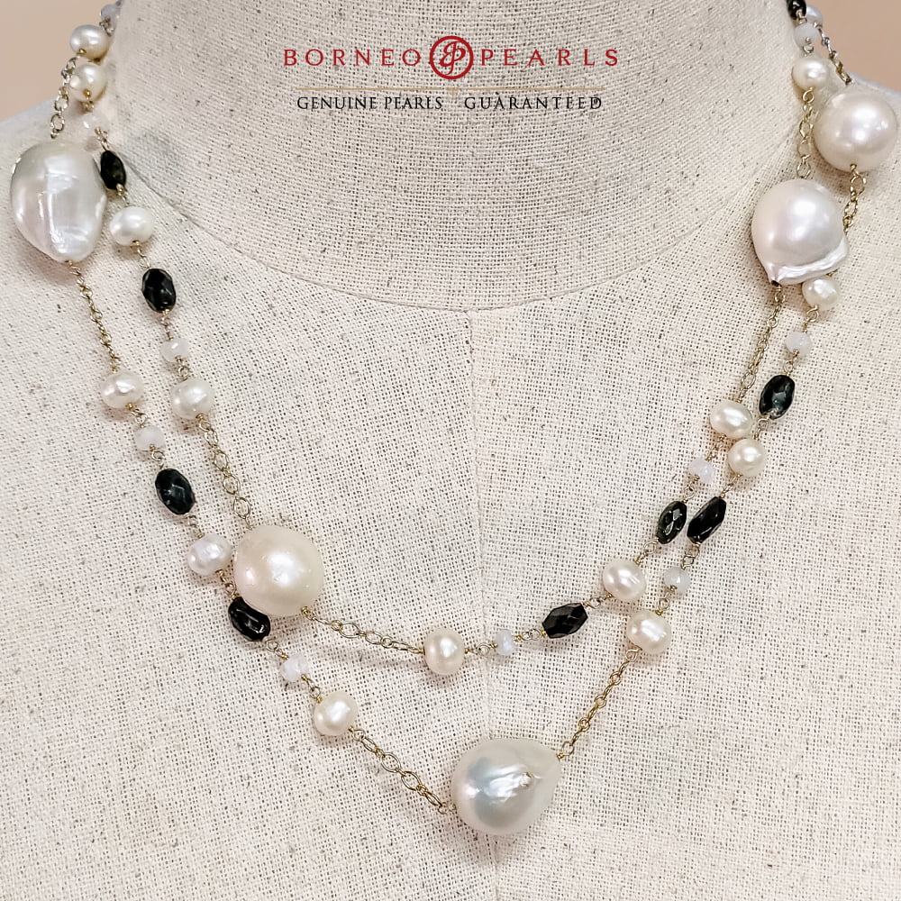 42' Inch Long Baroque & Potato Pearls ,Smoky Quartz & Moonstone  in 925 Silver Necklace