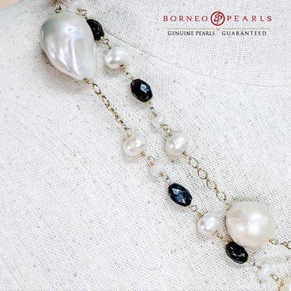 42' Inch Long Baroque & Potato Pearls ,Smoky Quartz & Moonstone  in 925 Silver Necklace