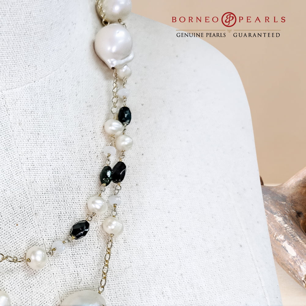 42' Inch Long Baroque & Potato Pearls ,Smoky Quartz & Moonstone  in 925 Silver Necklace