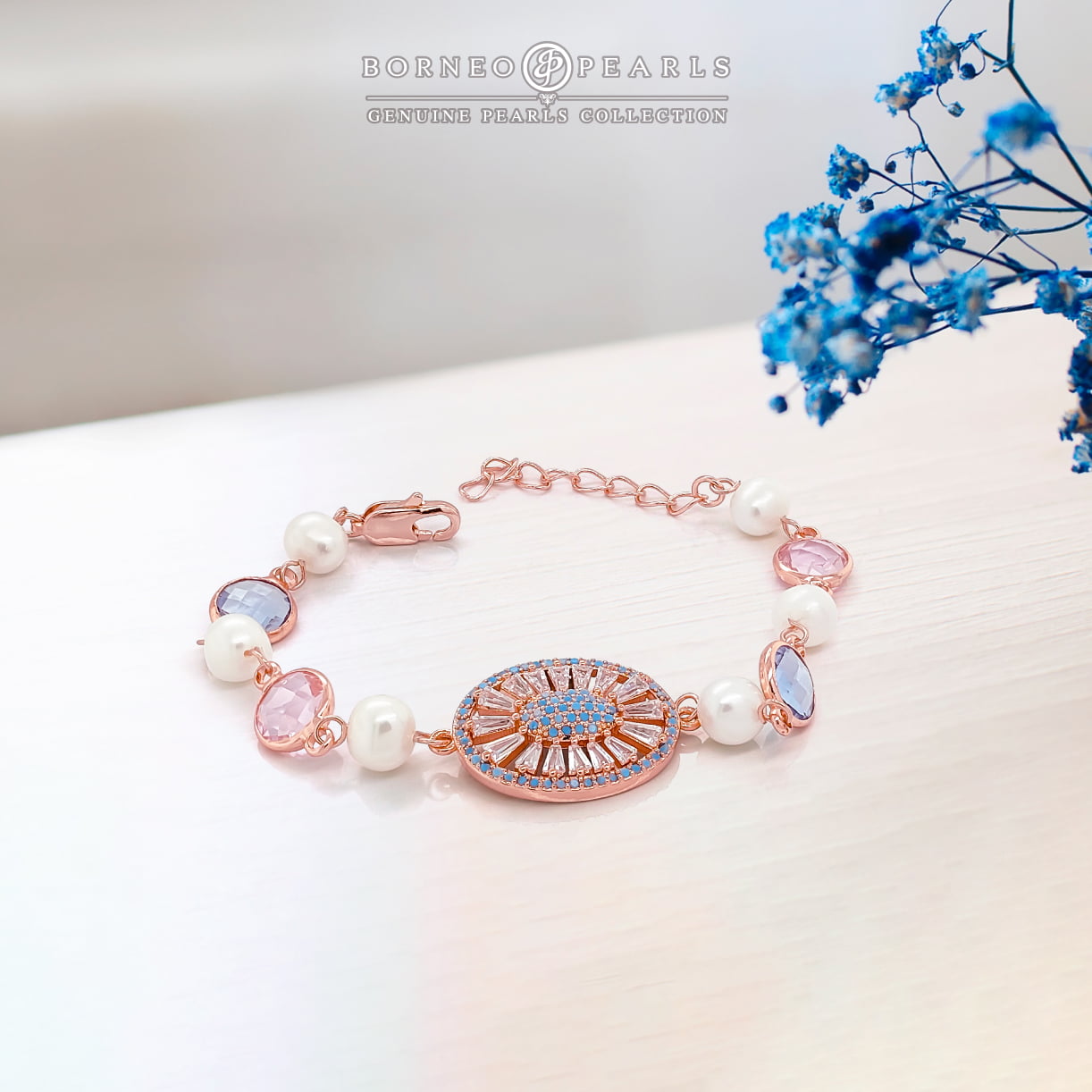 Rose Gold Pearl Charm Bracelet