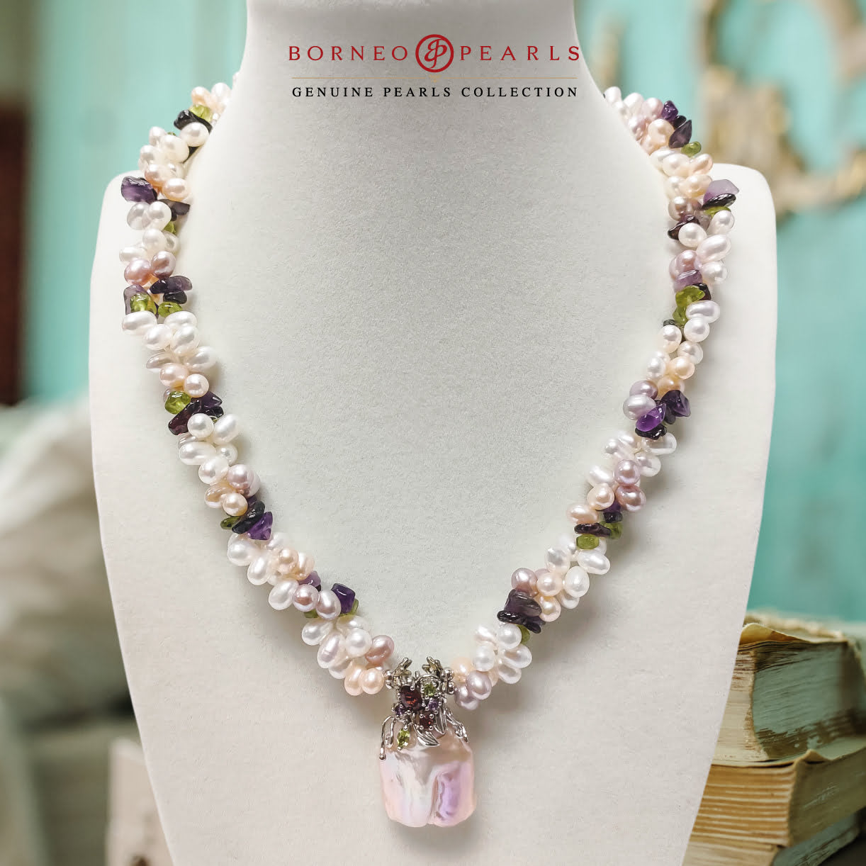 Drop Pearls, Biwa Pearl & Gemstones Necklace in 925 Silver