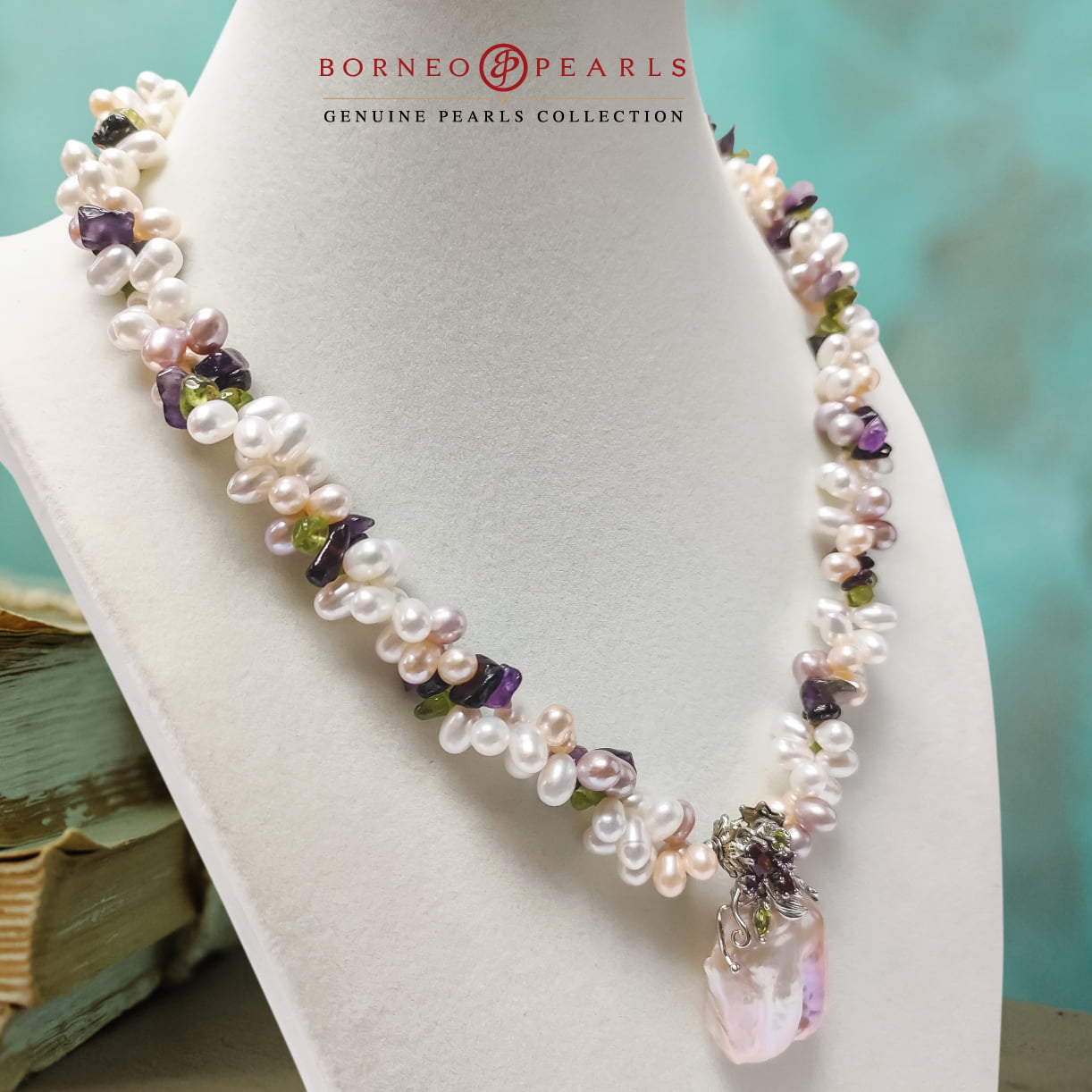 Drop Pearls, Biwa Pearl & Gemstones Necklace in 925 Silver