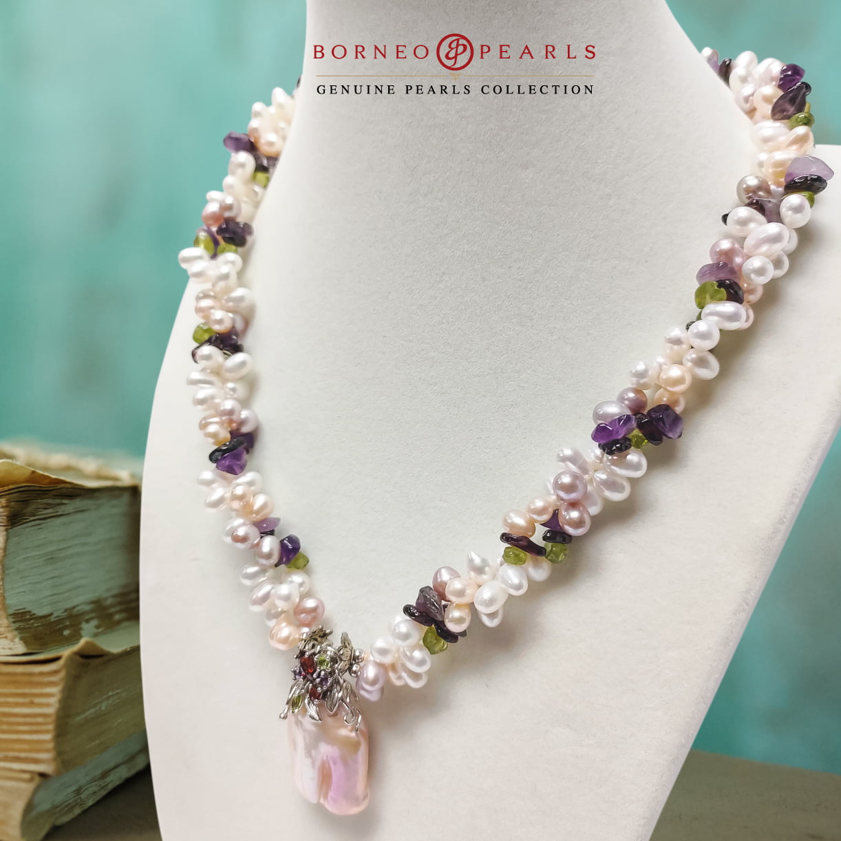 Drop Pearls, Biwa Pearl & Gemstones Necklace in 925 Silver