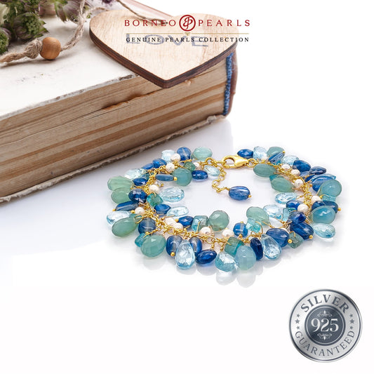 The Glint of Fortune Semi Precious Gemstones Kyanite, Blue Topaz & Green Chalcedony Bracelet