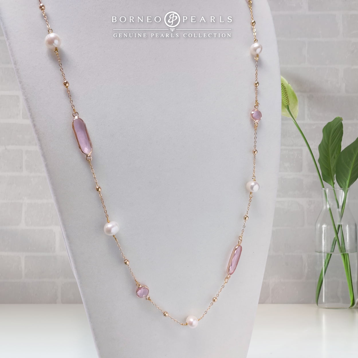 42" Pearls with Crystal Stones Necklace