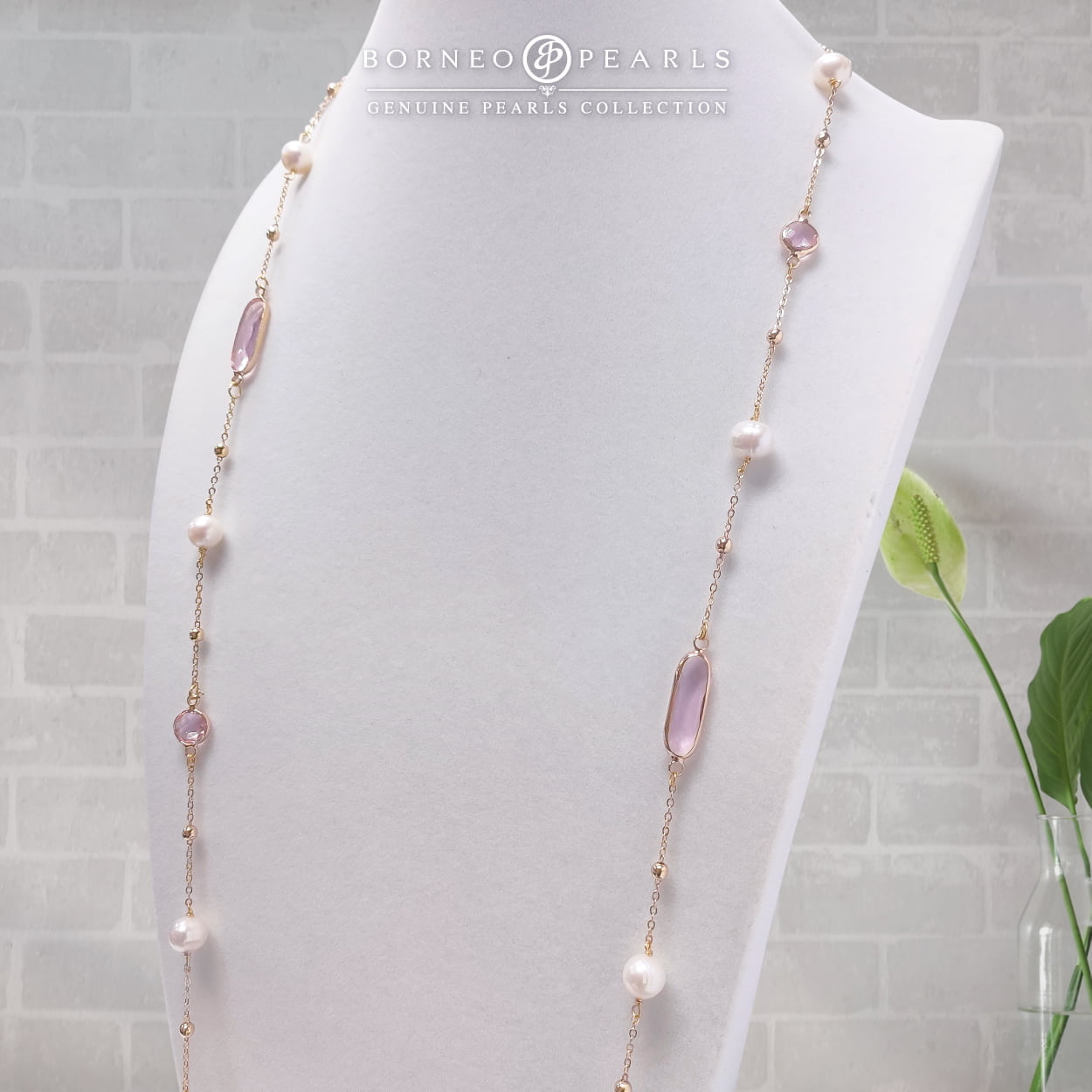 42" Pearls with Crystal Stones Necklace