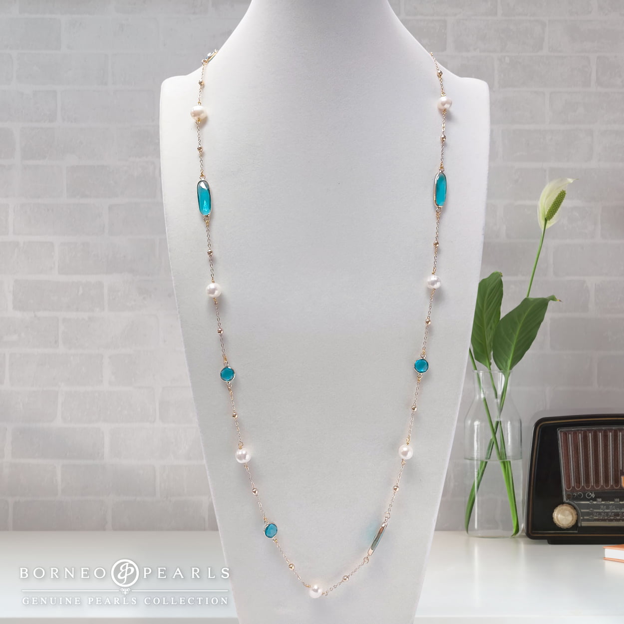 42" Pearls with Crystal Stones Necklace