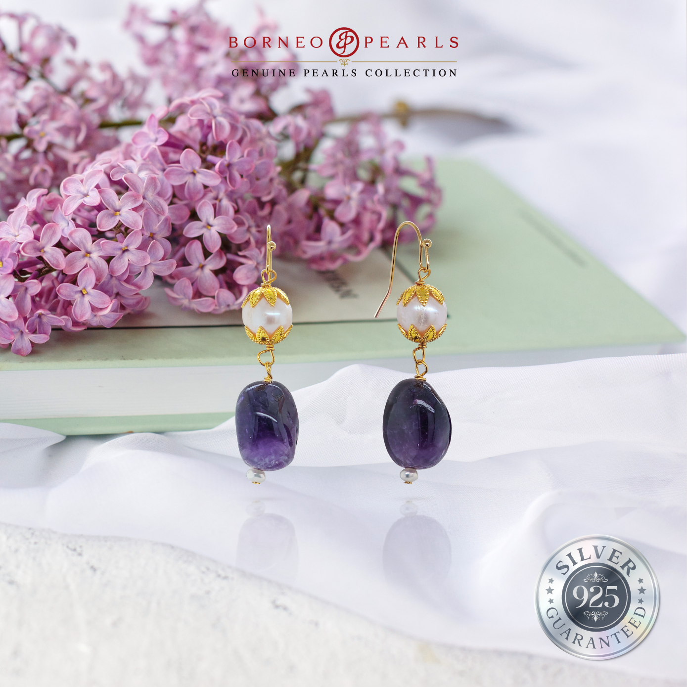 Elegance in Amethyst and Pearl 925 Silver Earrings