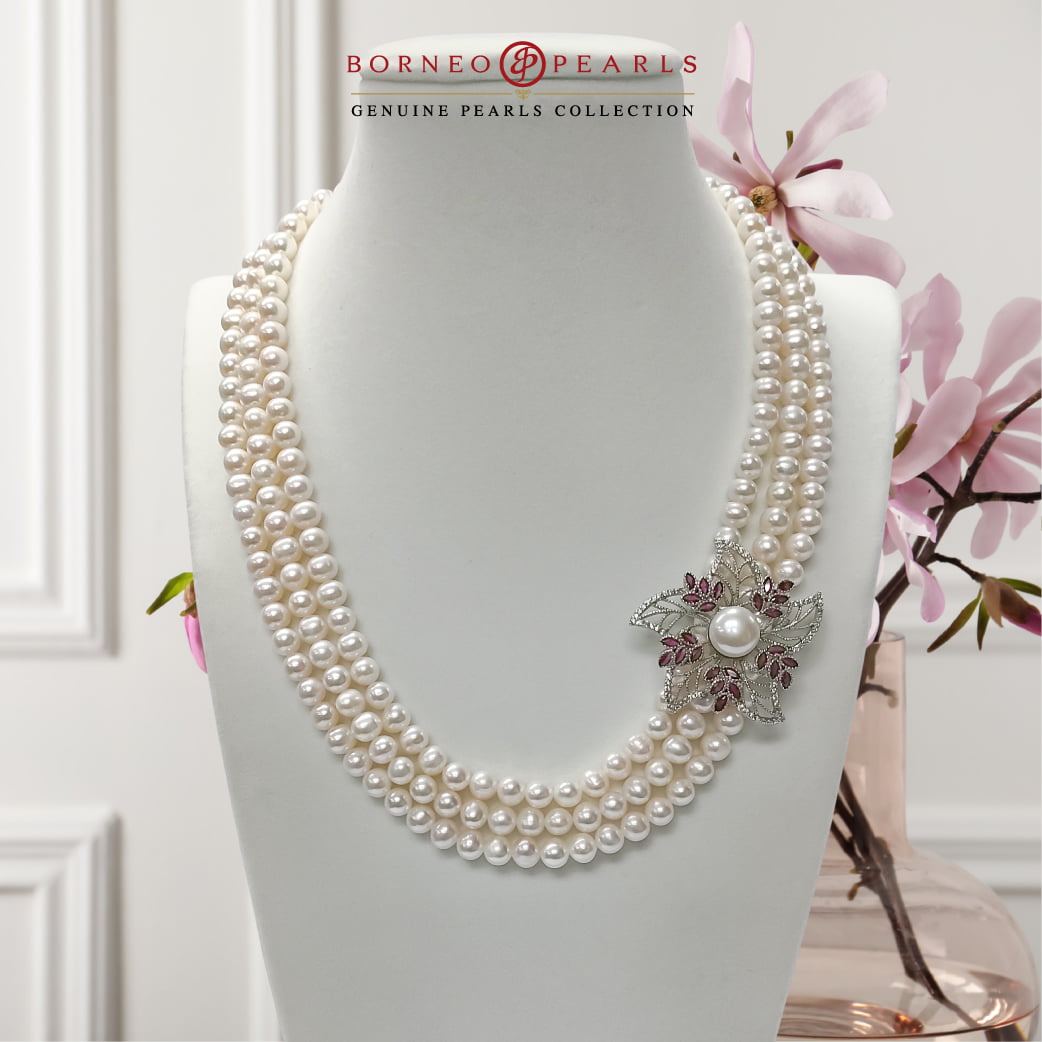 3 Strand Pearls With Flower Charm Necklace