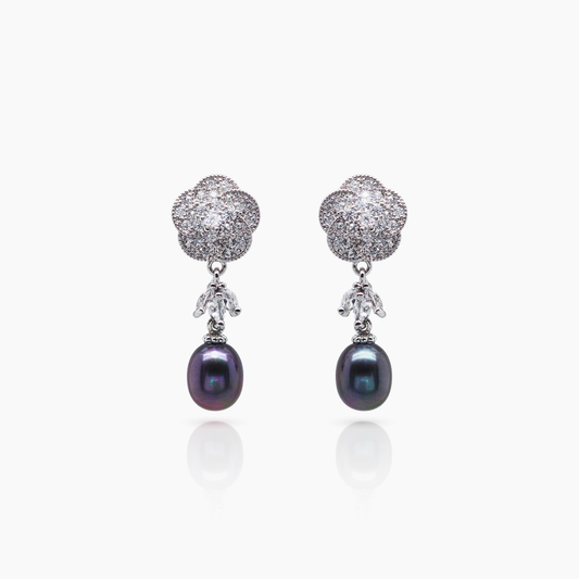 9-10mm Black Pearl Floral Earrings