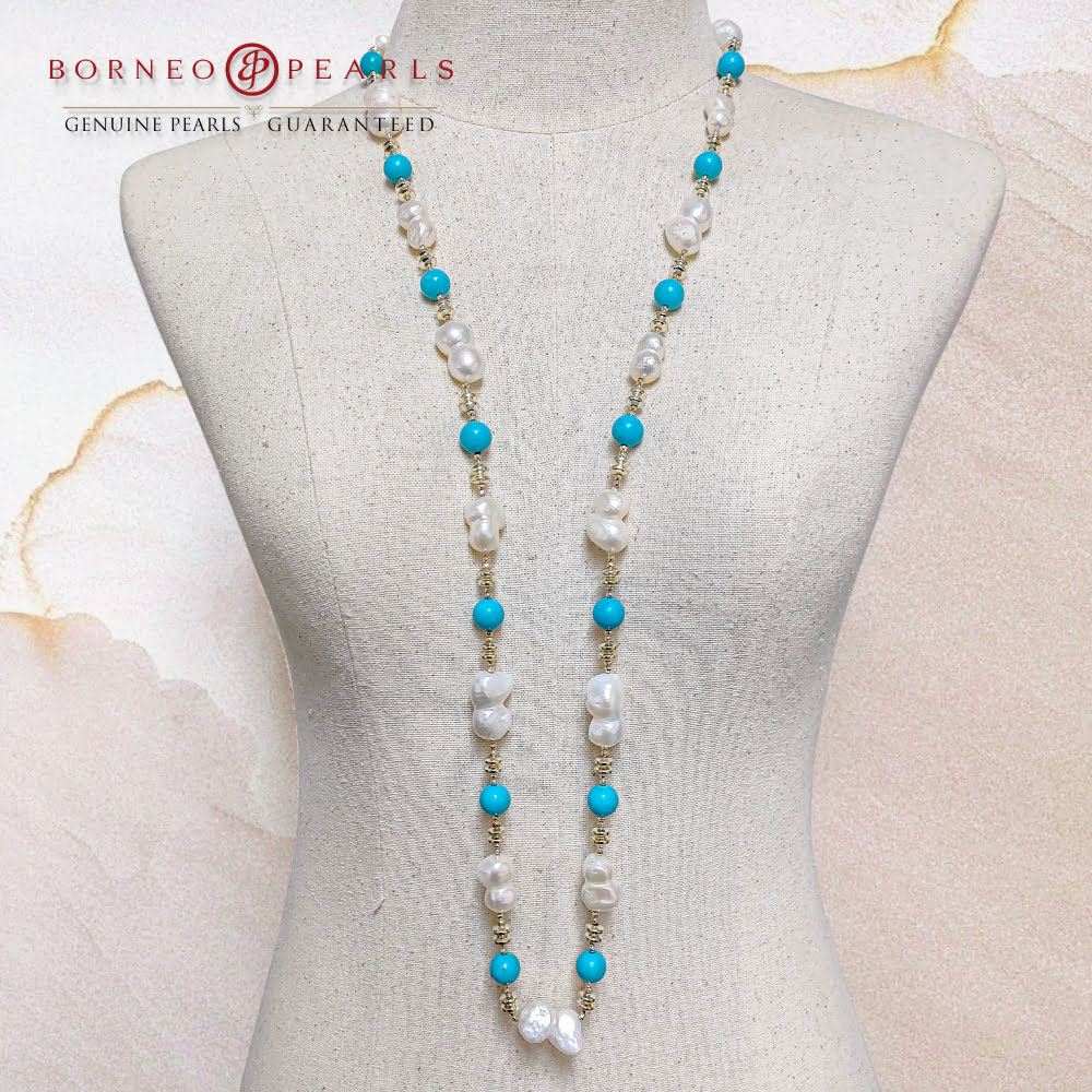Ocean of Hope Turquoise & Pearl 40 inch Necklace - Borneo Pearls